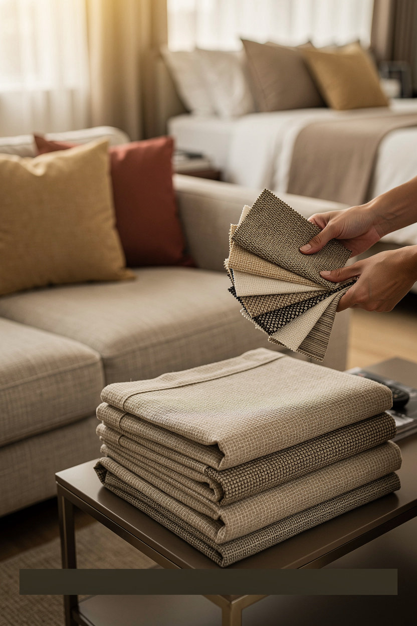 Gajanand Handloom custom sofa covers and bedsheets displayed in modern New York home